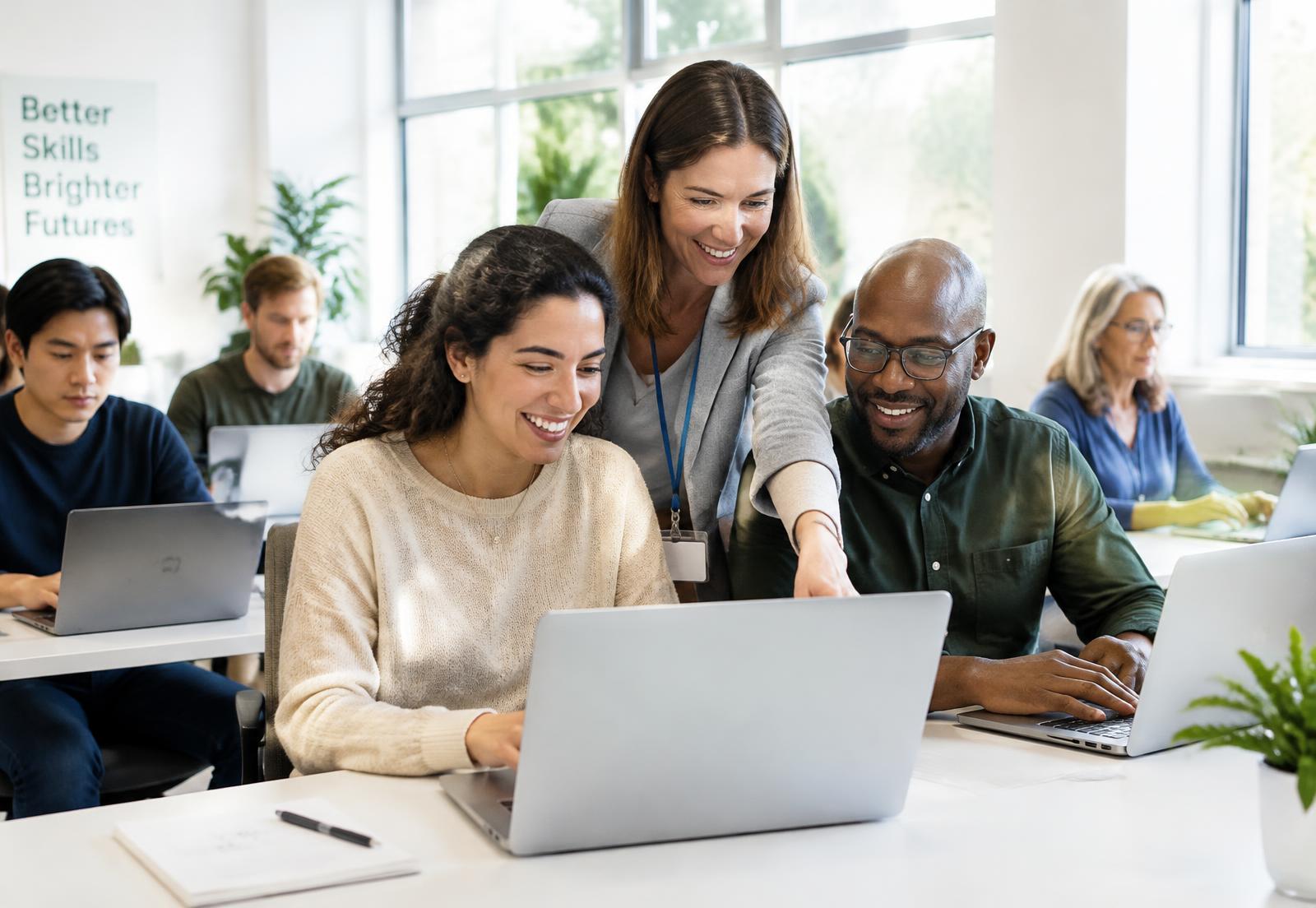Tutor supporting adult learners in a bright training room